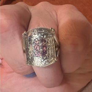 Pink tourmaline with crystal quartz sterling silver ring